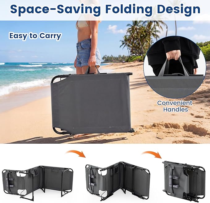 COSTWAY Folding Beach Lounge Chair, Tanning Chair with Face Hole, 5-Position Adjustable Backrest, Pillow & Side Pocket, Foldable Chaise Lounge Chair Outdoor for Sunbathing, Camping (1, Grey)