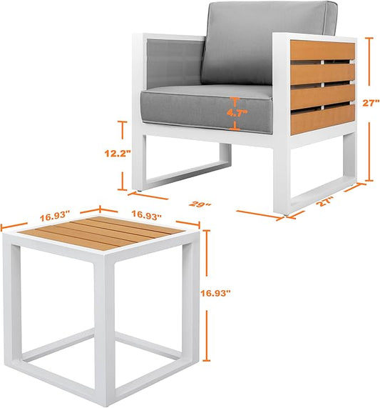 Outdoor Sofa Set, 18 Inch Square Slatted Side Table, 2 Armchairs, 4.7'' Thick Cushions and Pillows, Powder-Coated Aluminum and Imitation Wood Frame, Polyester Fabric, for Patio, Garden and Backyard