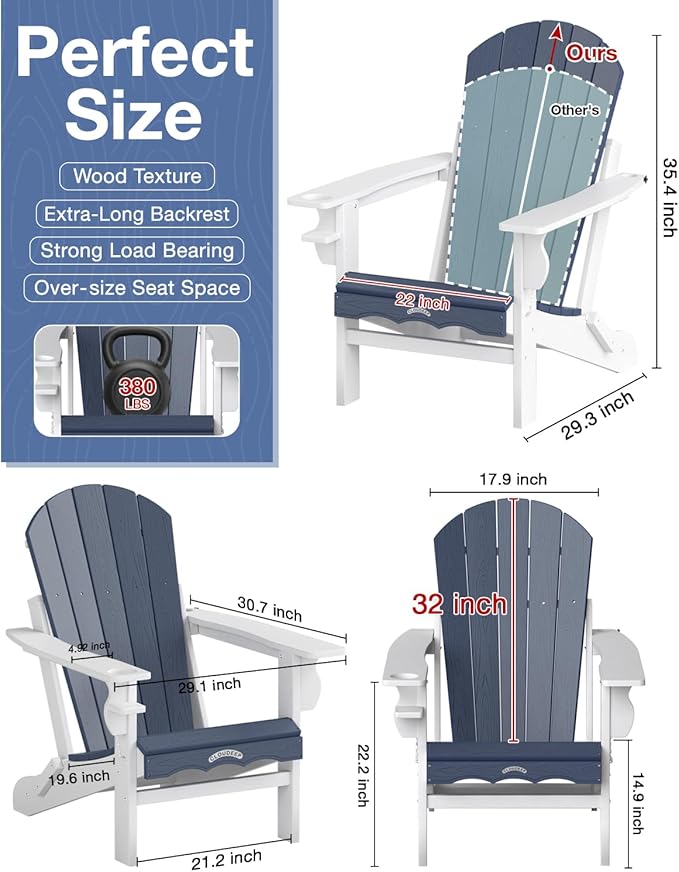 Folding Adirondack Chair –Recyclable HDPE Outdoor Adirondack Patio Chair with Cup Holder, Wood Texture & Umbrella Hole - Photo 2