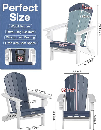 Folding Adirondack Chair –Recyclable HDPE Outdoor Adirondack Patio Chair with Cup Holder, Wood Texture & Umbrella Hole, 25-Year Fade-Free All Weather for Fire Pit, Porch, Poolside, Deck, Blue & White