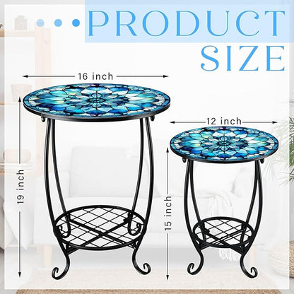 2 Pcs Outdoor Side Table Small Patio Round Mosaic Accent End Table Indoor Plant Metal Coffee Tea Tables for Patio Yard Porch Garden Living Room(12" and 16",Mandala Style)