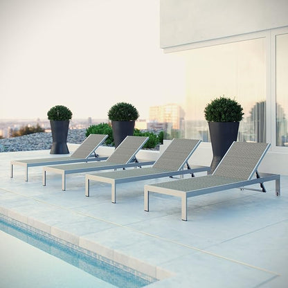 Modway Shore Aluminum Wicker Rattan Outdoor Patio Four Poolside Chaise Lounge Chairs in Silver Gray