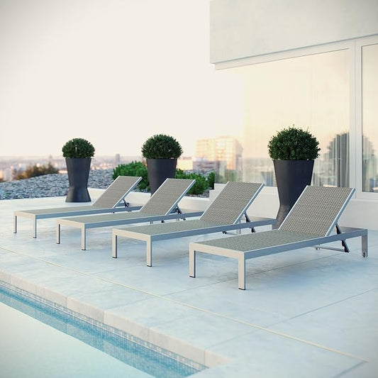Modway Shore Aluminum Wicker Rattan Outdoor Patio Four Poolside Chaise Lounge Chairs in Silver Gray