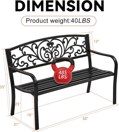 Rust-Proof Cast Iron Park Bench, Black, 50" x 21" x 35"