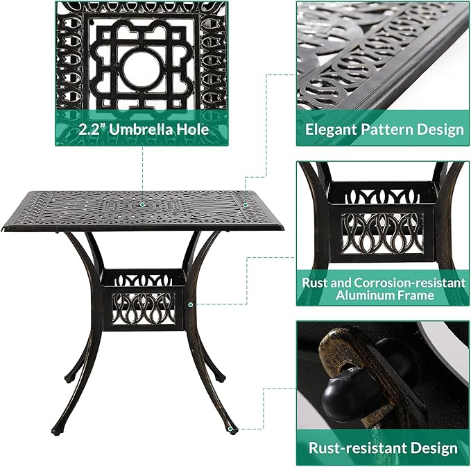 VIVIJASON 35.4" Outdoor Patio Dining Square Table Bronze Cast Aluminum Rustic Large Patio Table with Umbrella Hole