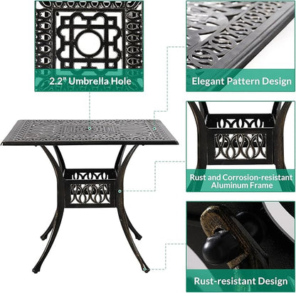 VIVIJASON 35.4" Outdoor Patio Dining Square Table Bronze Cast Aluminum Rustic Large Patio Table with Umbrella Hole