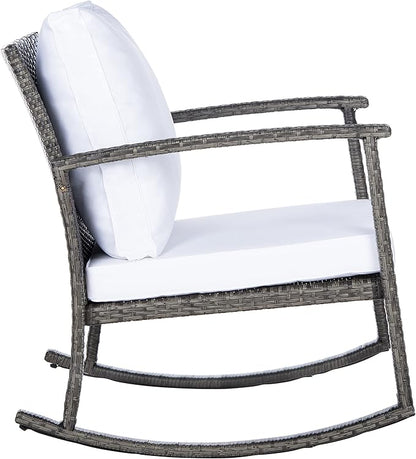 SAFAVIEH Outdoor Collection Daire Woven Grey Brown/White Cushion Rocking Chair for Patio Porch Backyard Sunroom