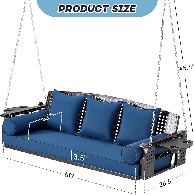3 Seat Porch Swing, Patio Swing Bench with Cup Holders & 3 Back Cushions - Photo 2