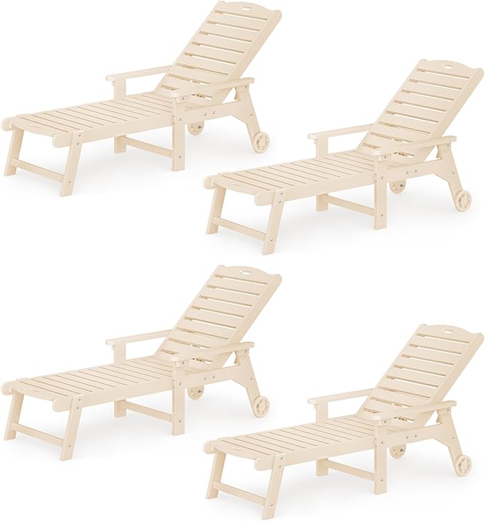 LUE BONA Lounge Chair Outdoor Set of 4, HDPS Chaise Lounge Outdoor with Wheel, 5 Positions Adjustable Pool Lounger Chairs for Outside, Patio, Sand