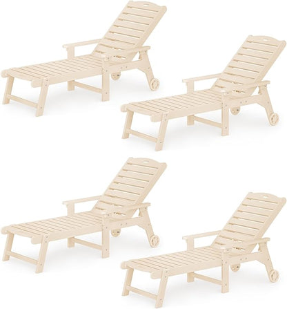 LUE BONA Lounge Chair Outdoor Set of 4, HDPS Chaise Lounge Outdoor with Wheel, 5 Positions Adjustable Pool Lounger Chairs for Outside, Patio, Sand