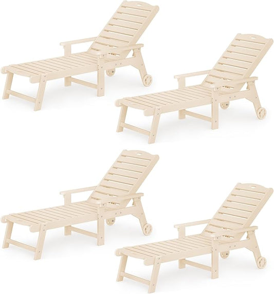 LUE BONA Lounge Chair Outdoor Set of 4, HDPS Chaise Lounge Outdoor with Wheel, 5 Positions Adjustable Pool Lounger Chairs for Outside, Patio, Sand
