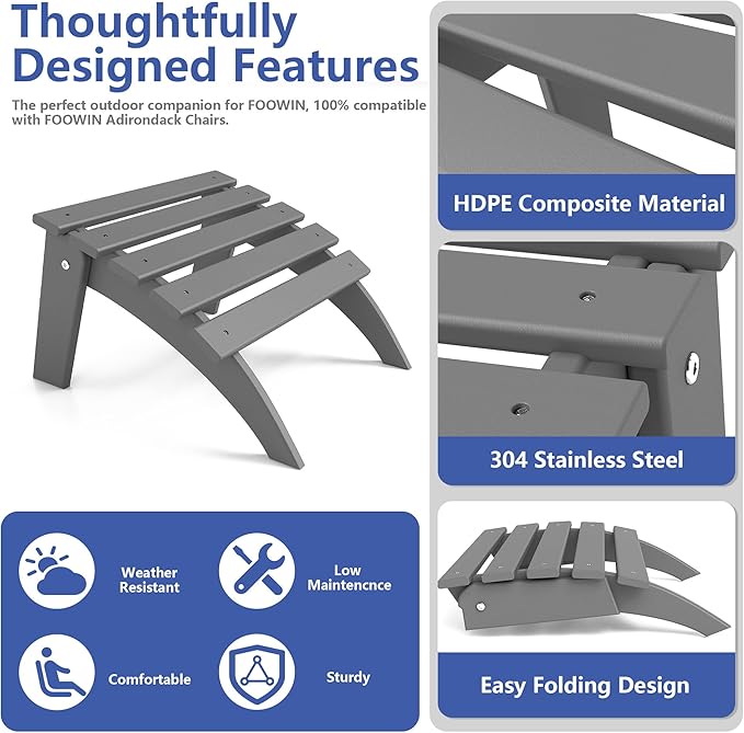 FOOWIN Folding Adirondack Ottoman, HDPE All Weather Adirondack Footrests, Ottoman for Adirondack Chair,Patio Footstool for Outside Easy Storage,for Patio, Backyard, Porch, Garden, Grey
