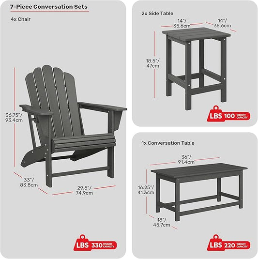 Costaelm Lakeview 7-Piece HDPE Outdoor Patio Furniture Adirondack Conversation Set, Gray