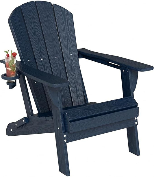 Kingdura Foldable Adirondack Chair, Portable HDPE All Weather Resistant Outdoor Patio Chair, Wooden Textured with Cup Holder, 380LBS Capacity for Poolside, Backyard, Deck, Fire Pit (Navy Blue)