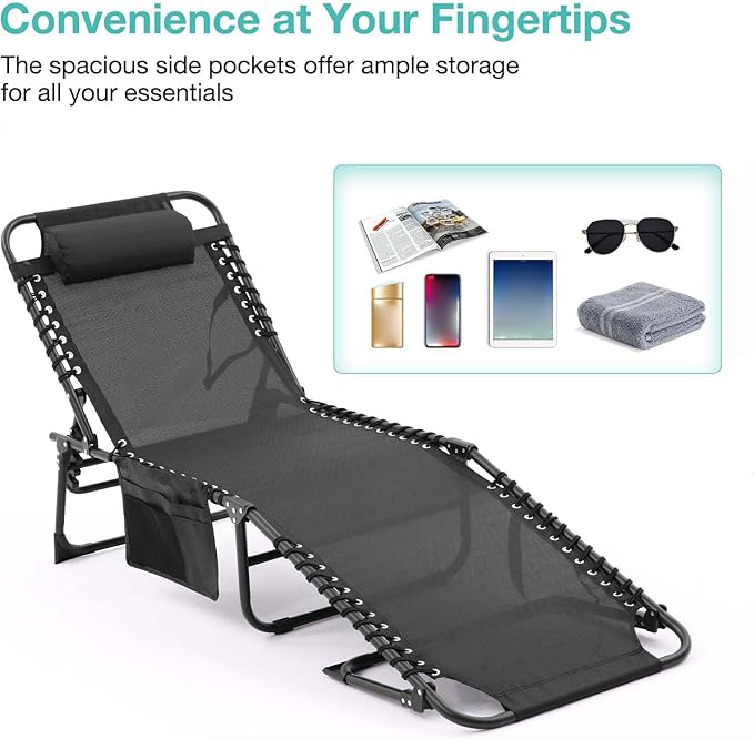 Folding Chaise Lounge Chair Set of 2, Patio Sun Tanning Chair with 4-Position Reclining Back, Breathable Mesh Outdoor Lounge Chair for Pool Beach, Adjustable Footrest, Portable, Black