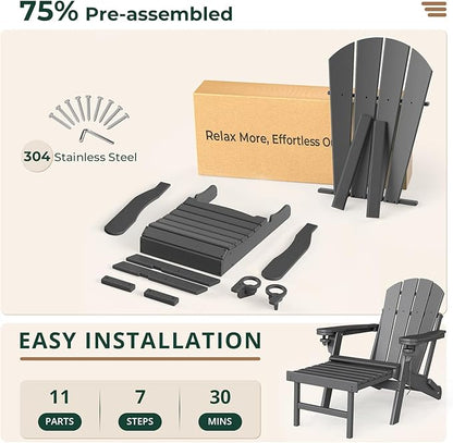 BRIOPAWS Adirondack-Chairs-with-Pull-Out-Footrest | Set of 2 | Folding | HDPE Plastic | Fire Pit Chair | All Weather | Cup Holders | Curved Back | Retractable Ottoman | for Poolside Deck | Grey