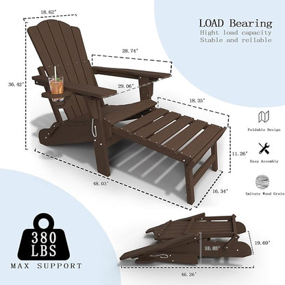 Adjustable Adirondack Chairs with Retractable Ottoman Set of 4, HDEP Folding Adirondack Chair with Footrest & Cup Holder, All Weather Fire Pit Chair for Outdoor,Brown