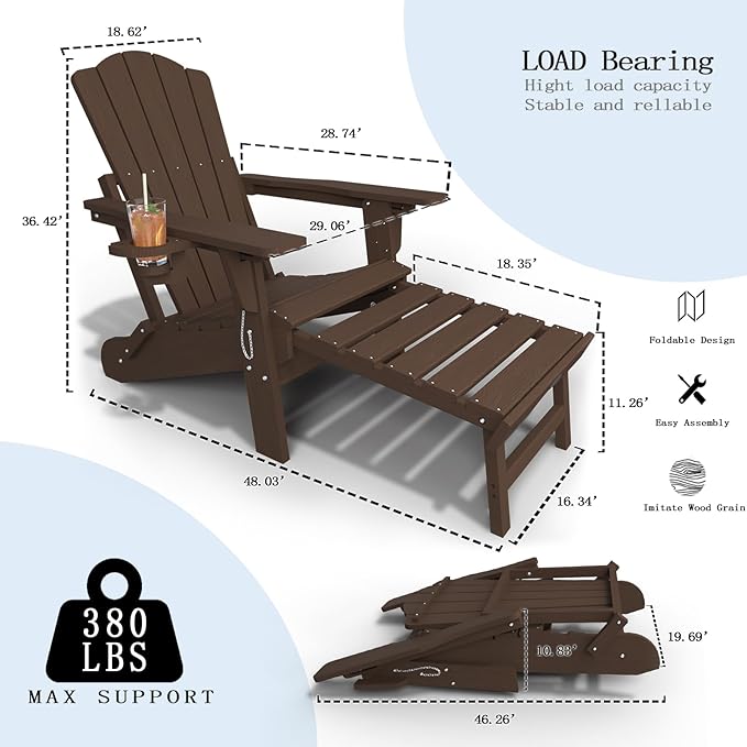Adjustable Adirondack Chairs with Retractable Ottoman Set of 8, HDEP Folding Adirondack Chair with Footrest & Cup Holder, All Weather Fire Pit Chair for Outdoor,Brown