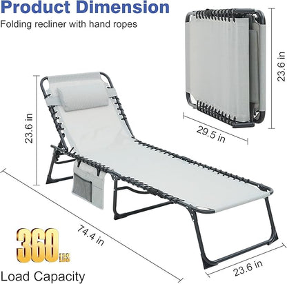 Folding Chaise Lounge Chair, Patio Teslin Tanning Chair, Outdoor Chaise Lounger with 5-Position Reclining Back, Breathable Mesh Seat for Beach, Poolside, Patio Sunbathing Grey