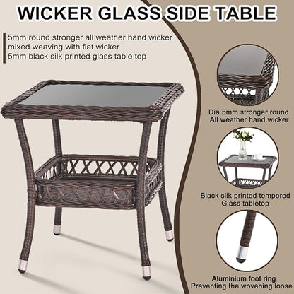 Outdoor Side Table Wicker Outdoor End Table for Patio Outside Brown Patio Coffee Square Tables with Storage & Glass Top for Backyard Porch