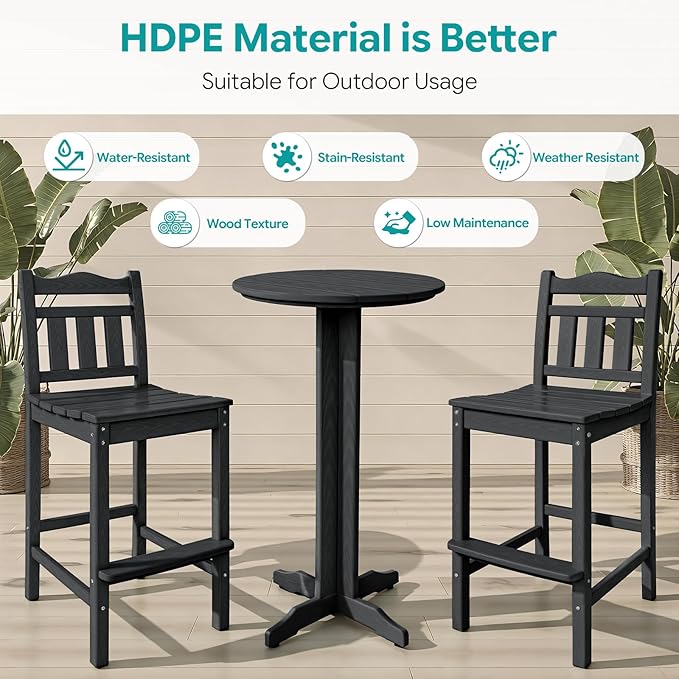3-Piece Outdoor Bar Set, HDPE Adirondack Bar Height Chairs Set of 2 and Round Bar Table - Photo 6