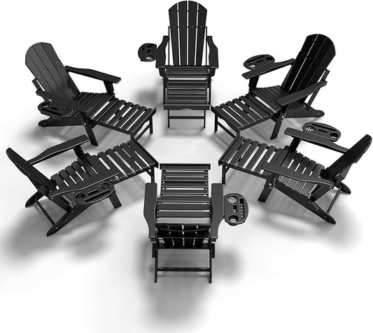 Adjustable Adirondack Chair with Retractable Ottoman Set of 6, HDPE Folding Adirondack Chair with Cup Holder, All Weather Fire Pit Chair for Outdoor.