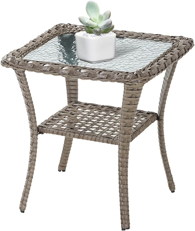 Belord Handwoven Wicker Side Table - 20 Inch Small Outdoor Table 2 Tier Storage with Tempered Glass Top - Photo 1