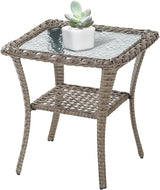 Belord Handwoven Wicker Side Table - 20 Inch Small Outdoor Table 2 Tier Storage with Tempered Glass Top - Photo 1