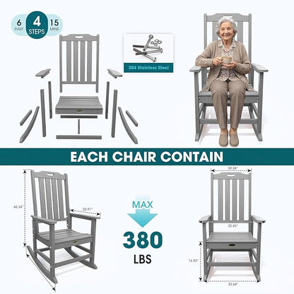 Oversized Rocking Chair Set of 2, Outdoor Rocking Chair for Adults, All Weather Resistant Porch Rocker for Lawn Garden, Grey