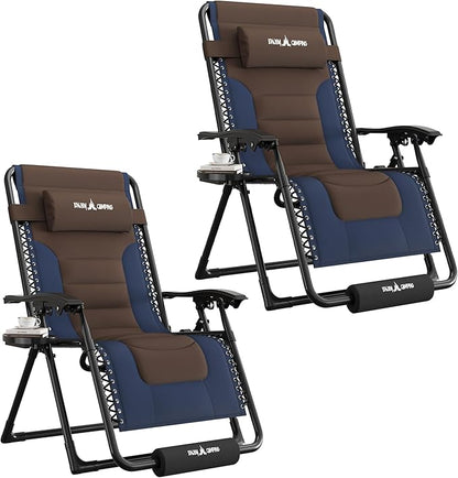 UDPATIO Oversized Zero Gravity Chair Set of 2, Outdoor Full Padded Recliner, Patio Folding Adjustable Reclining Seat with Cup Holder, Footrest & Headrest for Camping, 500LBS Support,Brown/Blue,29in