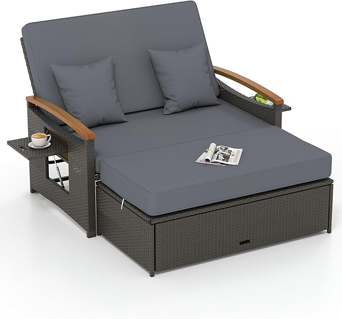 Tangkula Patio Rattan Daybed with 4-Level Adjustable Backrest, Outdoor Wicker Loveseat with Acacia Wood Armrest - Photo 1