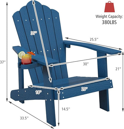 Tangkula Oversized Adirondack Chair, Patio Lounge Chairs w/Adjustable Cup Holder, HIPS Armchairs Slatted Chair, Outdoor Weather Resistant Fire Pit Chair for Deck Backyard Garden Porch (1, Navy)
