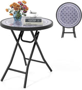 Giantex Folding Outdoor Side Table with Tempered Glass Tabletop & Metal Frame, Portable 18” Round End Table for Patio - Photo 1