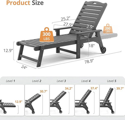 LUE BONA Lounge Chair Outdoor Set of 4, HDPS Chaise Lounge Outdoor with Wheels, 5 Positions Adjustable Pool Lounger Chairs for Outside, Patio, Dark Gray