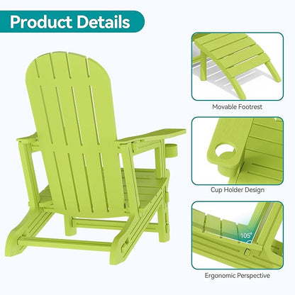 Vongrasig Adirondack Chairs Set of 2 with Removable Tabletop and Footrest, All-Weather HDPE Outdoor Chair Set with Wooden Textured, Cup Holder for Patio, Poolside, Deck, Garden, Green