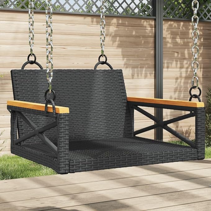 1-Seater Black PE Rattan Garden Chair Swing Bench 24.4x24.8x15.7 in Powder-Coated Steel Frame Solid Acacia Seat for - Photo 1