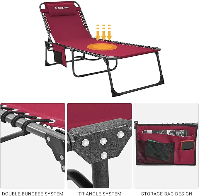 KingCamp Chaise Lounge Chairs Outdoor Foldable Patio Sun Chair for Outside Camping Sunbathing Beach Lawn Pool Garden Yard Folding Lightweight Heavy Duty Portable Adjustable Lounge with Pillow