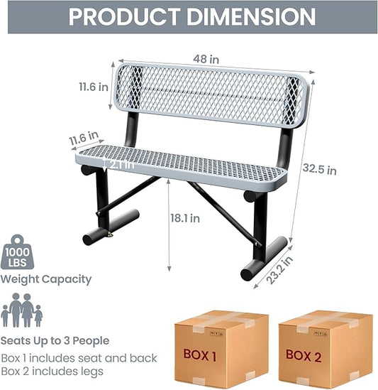 4 Feet Steel Park Bench for Outside, Outdoor Bench with Backrest & Portable Frame, Commercial Benches for Shopping Malls, Stores, Parks, Patios, Decks, Grey