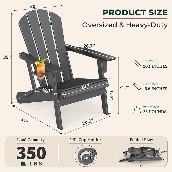 BRIOPAWS Folding-Adirondack-Chairs Set of 4 | HDPE Plastic | Fire Pit Chair | Cup Holder | Curved Back | All Weather | for Outdoor Backyard Deck Patio | Grey
