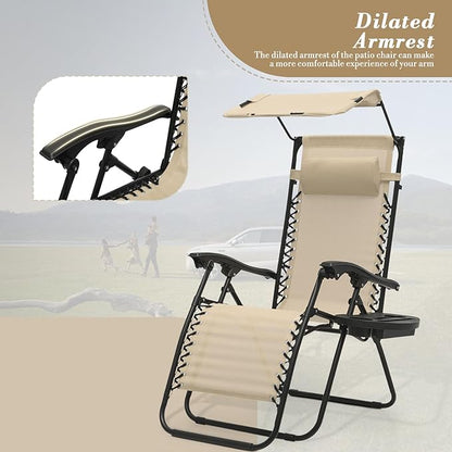 Athena Collection Patio Chairs Set of 2 Reclining Lounge Chair with Cup Holder and Pillow Fabric Camping Chairs with Canopy Foldable Beach Chairs for Garden, Park, Deck, Yard, Poolside, Cream