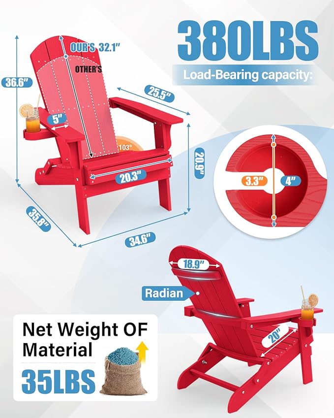 YEFU Adirondack Chair, Foldable Oversized Plastic Adirondack Chair Set of 4 with Cup Holder - Photo 3