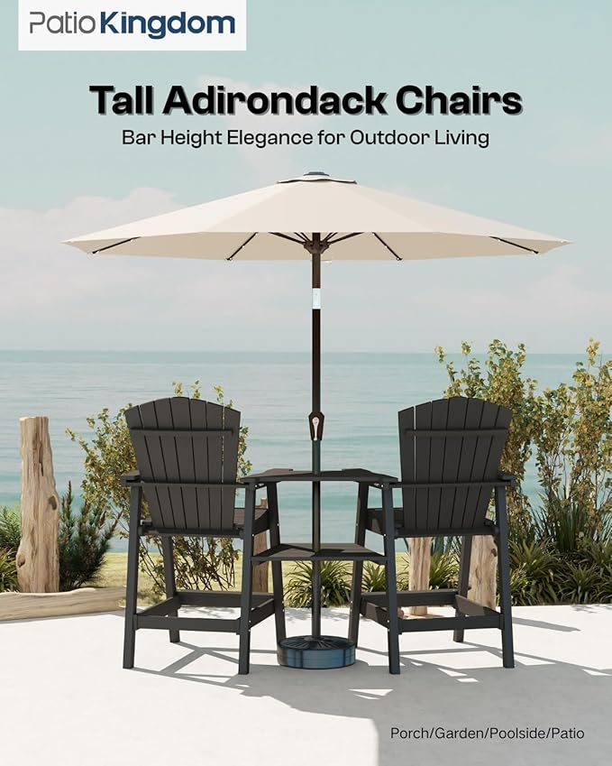 Black HDPE Tall Adirondack Chair Set of 2 with Beige 9FT Patio Umbrella, All-Weather Outdoor Bar Height Chairs with Trays & Umbrella Hole for Garden, Balcony, Lawn