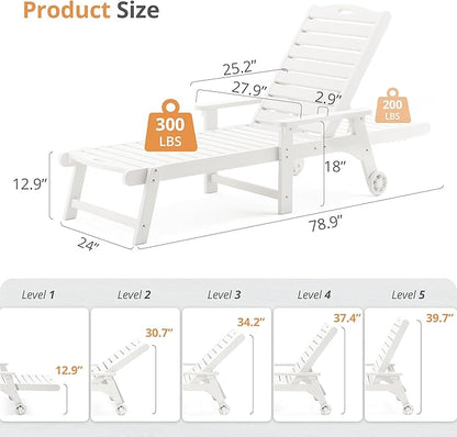 LUE BONA Lounge Chair Outdoor Set of 2, HDPS Chaise Lounge Outdoor with Wheels, 5 Positions Adjustable Pool Lounger Chairs for Outside, Patio, White