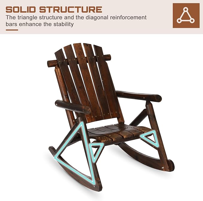 HOMEDIARY 3-Piece Outdoor Wood Rocking Bistro Set, Adirondack Rocker Chair Set with 2 Rockers and A Coffee Table, Patio Wooden Conversation Set for Garden, High Fanned Back & Slatted Seat, Carbonized