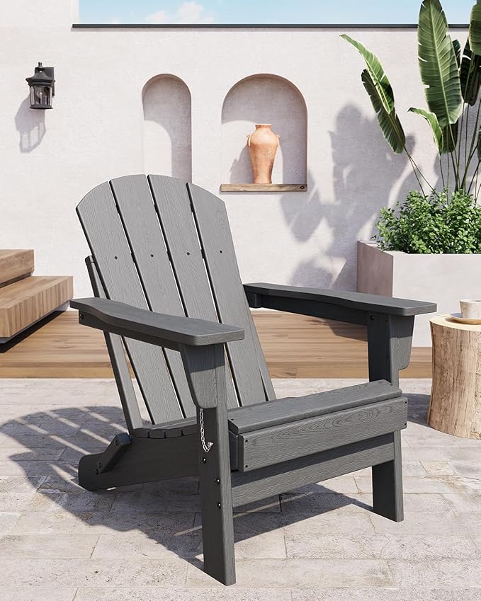 GAOMON Foldable Adirondack Chair (1 Pack), HDPE All-Weather Outdoor Patio Chair, Oversized Lawn Chair for Garden Backyard Poolside, 380 Lbs Capacity, Grey