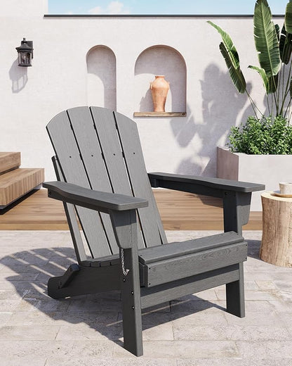GAOMON Foldable Adirondack Chair (1 Pack), HDPE All-Weather Outdoor Patio Chair, Oversized Lawn Chair for Garden Backyard Poolside, 380 Lbs Capacity, Grey