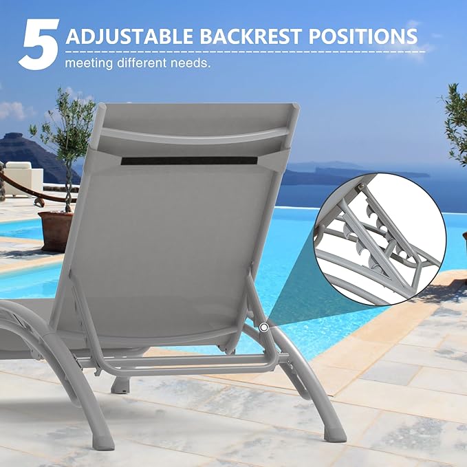 Domi Pool Lounge Chairs Set of 3, Adjustable Aluminum Outdoor Chaise Lounge Chairs with Metal Side Table, All Weather for Deck Lawn Poolside Backyard -Grey Textilene