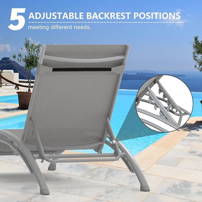 Domi Pool Lounge Chairs Set of 3, Adjustable Aluminum Outdoor Chaise Lounge Chairs with Metal Side Table, All Weather for Deck Lawn Poolside Backyard -Grey Textilene