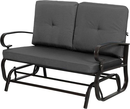 Outdoor Bench Patio Swing Glider Loveseat 2 Seats Rocking Chair, Wrought Iron Gliders for Outside Patio with Cushion (Grey)