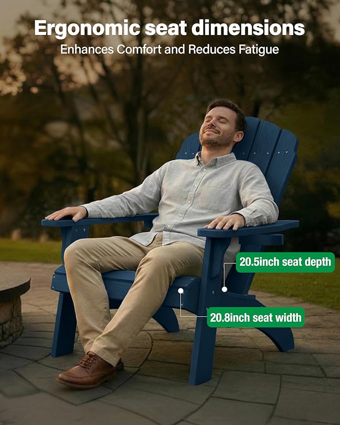Oversized Plastic Adirondack Chair Set of 2 with Cup-Holder (Large Dual-Purpose), Weather Resistant, Poly Lumber Outdoor Chairs Duty Rating Widely Used in Patio, Lawn, Outside, Deck, Garden -Navy blue